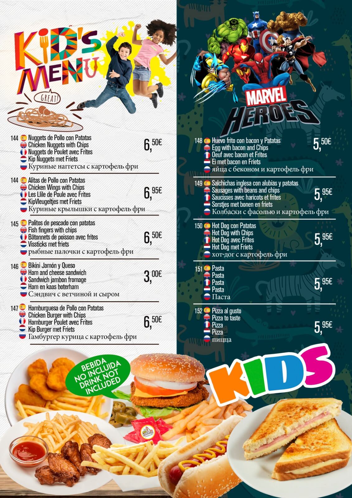Restaurante Indio Salou Kids Menu y Marvel Heroes